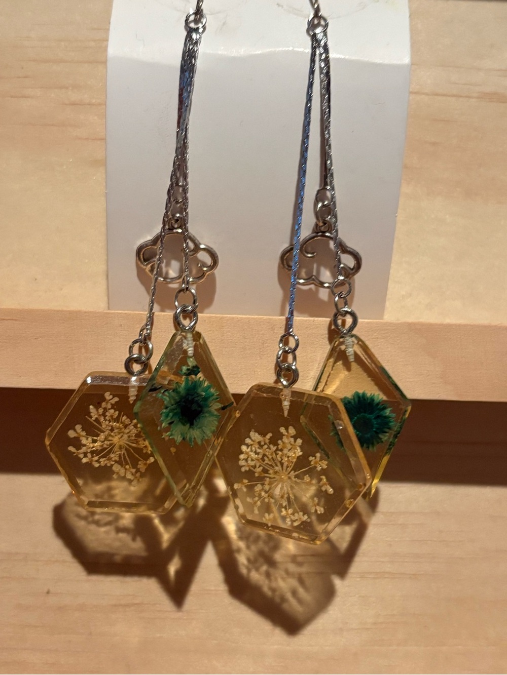 Handmade Resin Hexagon Drop Earrings with Green Flower and cloud accent Inlay